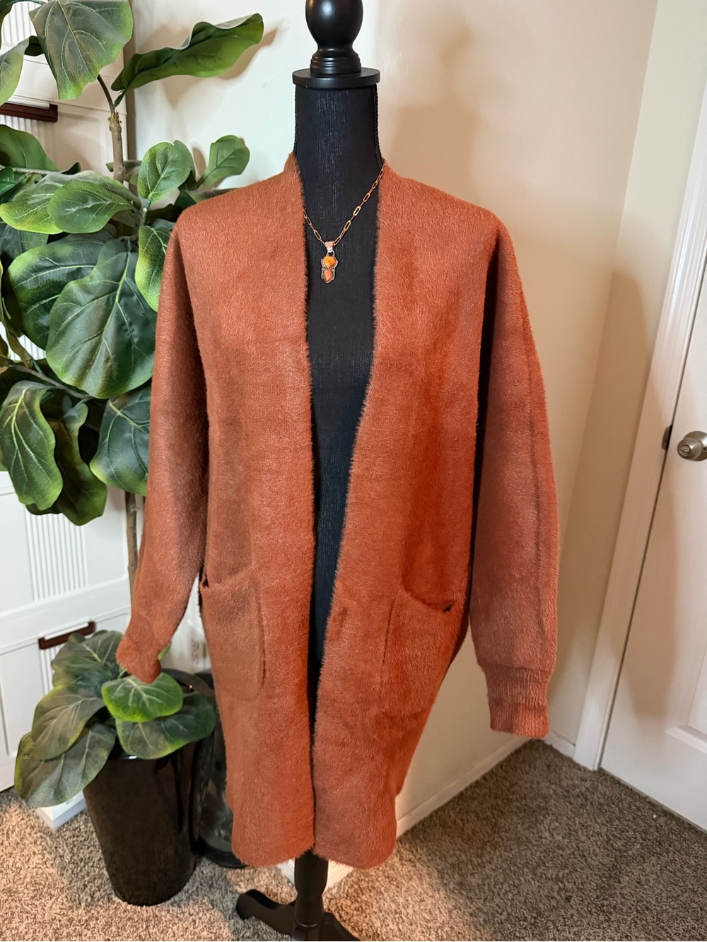 Rust Open-Front Long Cardigan Jacket